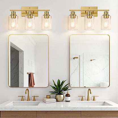 3-Light Vanity Lights with Clear Glass Shades, Brushed Gold Bathroom Light Fixtures Over Mirror, Modern Bathroom Wall Lamp for Mirror Living Room Cabinet Bedroom Porch