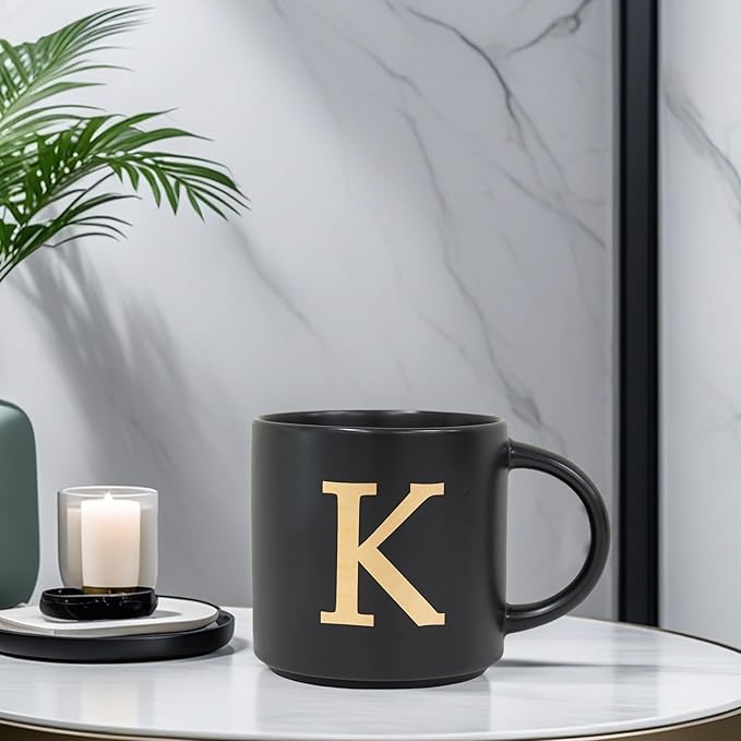 COLLECTIVE HOME - Monogram Ceramic Mugs, 15 oz Golden Initial Black Coffee Cups, Elegant Alphabet Tea Mugs, Elegant Personalized Mug with Gift Box, Unique Mug with Double Side Capital Lette (K)