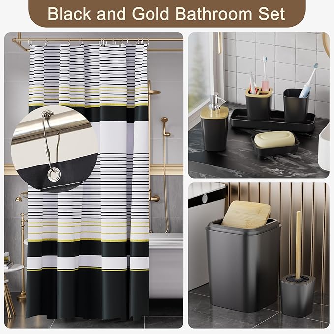 24PCS Bathroom Sets with Shower Curtain and Rugs,Black Bathroom Accessories Set Waterproof White and Gold Shower Curtain Set,Black and White Bathroom Accessories