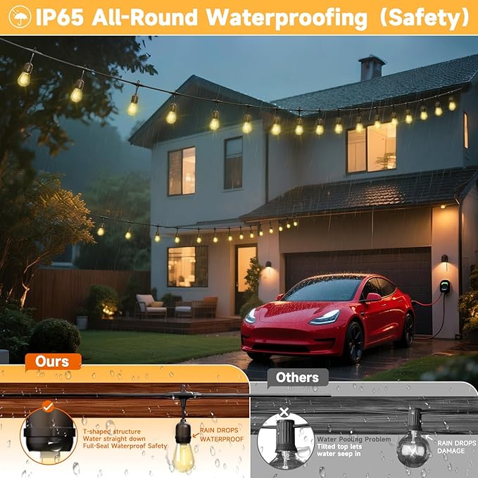 Outdoor Safety String Lights 150FT - 24V 20W Commercial Grade Low Voltage Strand with 60 S14 Shatterproof Bulbs for Tree Garden Yard Cafe Bistro | Warm Yellow 3500K | IP65 Waterproof | UL Listed