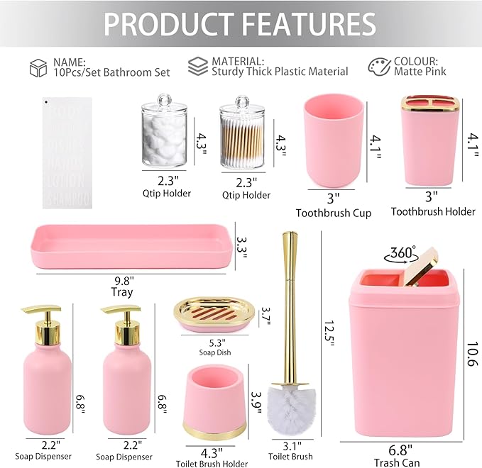 Pink Bathroom Accessories Set - 10 Piece Bathroom Accessory Set with Trash Can, Soap Dispenser, Soap Dish, Toothbrush Holder and Cup, Toilet Brush, Qtip Holder, Bathroom Decor Sets Complete