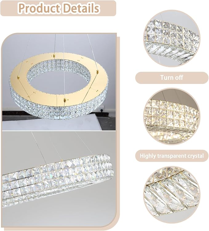 Dia 24" Modern Crystal Chandelier Gold Ring Chandelier Adjustable Height Luxury Crystal Pendant Ceiling Light Fixture for Dining Living Room Bedroom