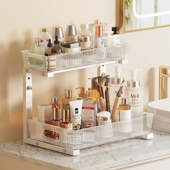 2 Pack Under Sink Organizer, 2-Tier Pull Out Cabinet Organizer, Elegant Acrylic Under Sink Storage Shelf for Kitchen Bathroom Cabinet, L-Shaped Adjustable Height for Maximum Space Efficiency-White