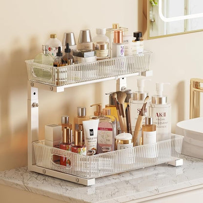 2 Pack Under Sink Organizer, 2-Tier Pull Out Cabinet Organizer, Elegant Acrylic Under Sink Storage Shelf for Kitchen Bathroom Cabinet, L-Shaped Adjustable Height for Maximum Space Efficiency-White