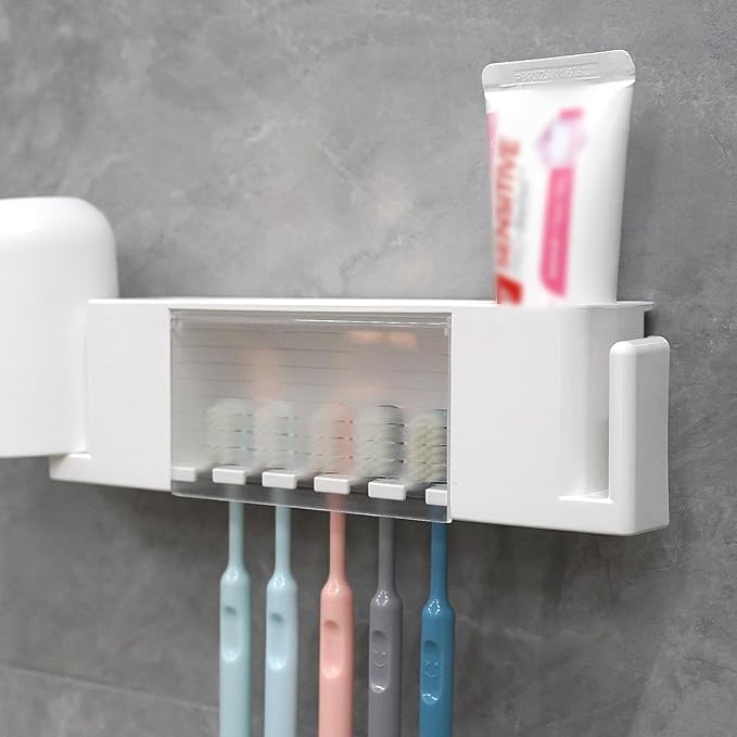 5 Slots Wall Mount Toothbrush Holder with Cover, Self Adhesive Toothbrush Storage Organizer for Shower, Toothpaste & Toothbrush Hanger for Bathroom, Medicine Cabinet, Dorm (White Large)