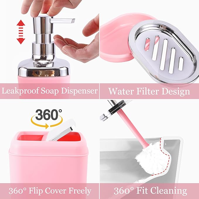 Pink Bathroom Accessory Set, Plastic Bathroom Set with Tray, Soap Dispenser, Toothbrush Holder, Toothbrush Cup, Soap Dish, Toilet Brush, Trash Can and Q-tip Holders for Bathroom/Housewarming
