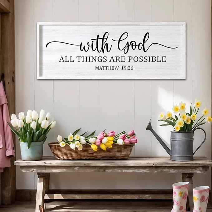 With God All Things are Possible Framed Wall Art, 40''×15'' White Holy Religious Rustic Bible Verse for Christian God Jesus Christ Prayer, Positive Horizontal Inspirational Catholic Scripture Decor