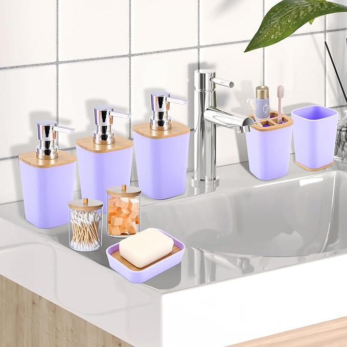 Purple Bathroom Accessories, Bathroom Accessories Set with Trash Can, Soap Dispenser, Toothbrush Holder, Toothbrush Cup, Soap Dish, Toilet Brush, Tray and Q-tip Holders for Housewarming