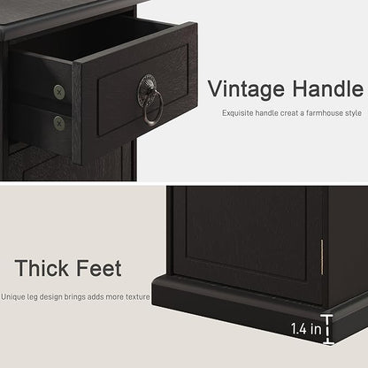 ChooChoo Farmhouse XXL End Table with Charging Station，Narrow Sofa Side Table with Adjustale Shelf, 3 Tier Rustic Night Stand for Small Place Living Room, Charcoal Black