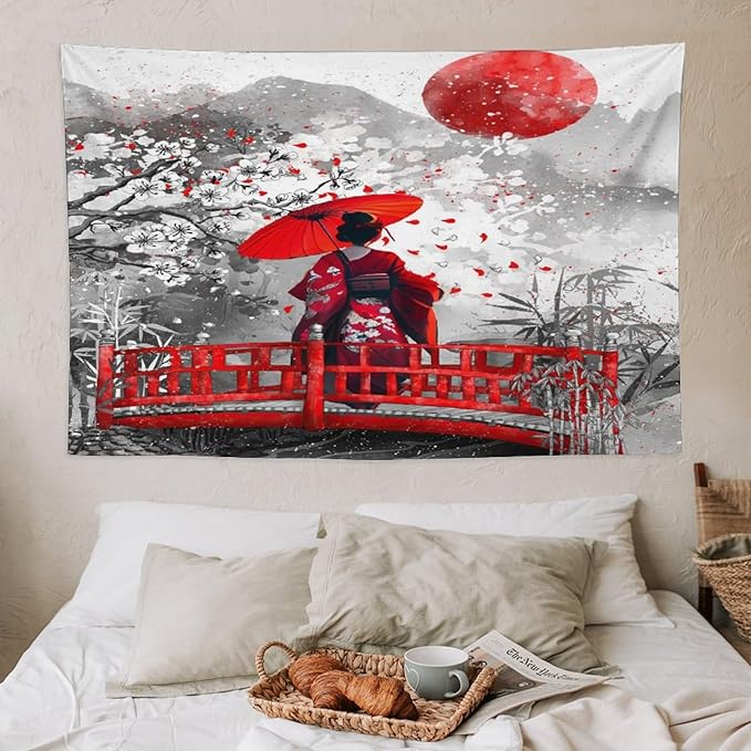Japanese Red Geisha Tapestry Asian Cherry Blossom Red Sun Traditional Kimono Folk Tapestries Home Decor for Living Room Bedroom Apartment Farmhouse Dorm 60"x40"