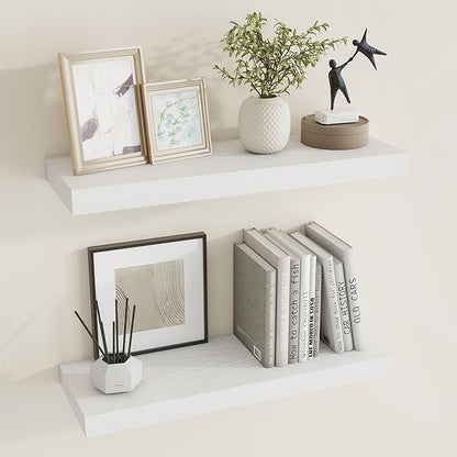 24 inch Floating Shelves Long Floating Shelves for Wall Large Wall Mounted Shelves with Invisible Brackets, White Shelves for Bathroom, Living Room, Kitchen, Office, 24x6.7 inch deep Set of 2