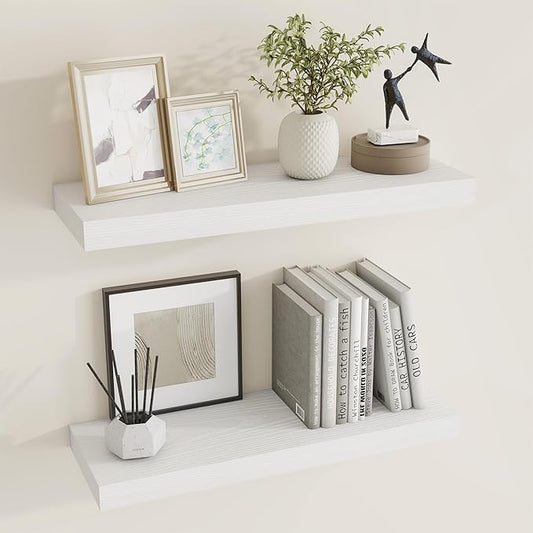 24 inch Floating Shelves Long Floating Shelves for Wall Large Wall Mounted Shelves with Invisible Brackets, White Shelves for Bathroom, Living Room, Kitchen, Office, 24x6.7 inch deep Set of 2