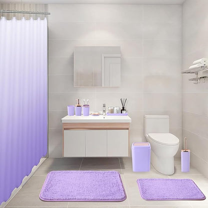 Bathroom Accessory Set–Bathroom Sets with Shower Curtain and Rugs, Non Slip Bathroom Rugs Super Absorbent, Light Purple Ombre Shower Curtain with Hooks, Lavender Bathroom Sets Complete for Home