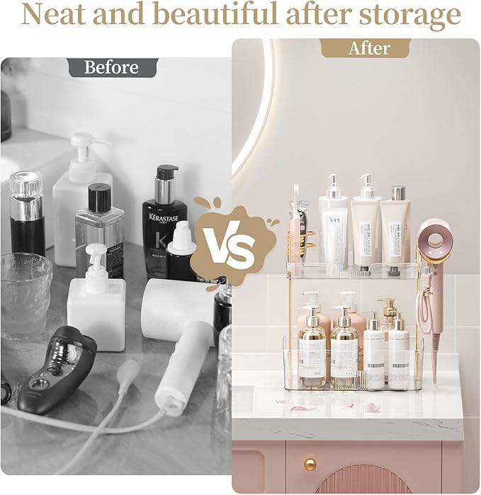 Bathroom Counter Organizer with Hair Dryer Holder, Hair Tool Countertop Storage, Cosmetics Skincare Shelf Organizer, Makeup Organizer Perfume for Dresser Vanity Tray(2 Tier-White)