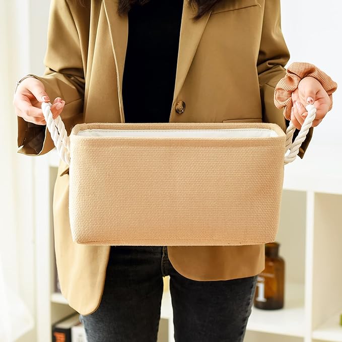 TheWarmHome Storage Bins for Shelves - Medium 3Pack 13.8L*9.8W*6.7H inch Canves Storage Basket for Organizing, Fabric Storage with Handles for Clothes Baby Dog Toys(Beige)