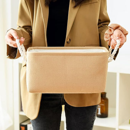 TheWarmHome Storage Bins for Shelves - Medium 3Pack 13.8L*9.8W*6.7H inch Canves Storage Basket for Organizing, Fabric Storage with Handles for Clothes Baby Dog Toys(Beige)