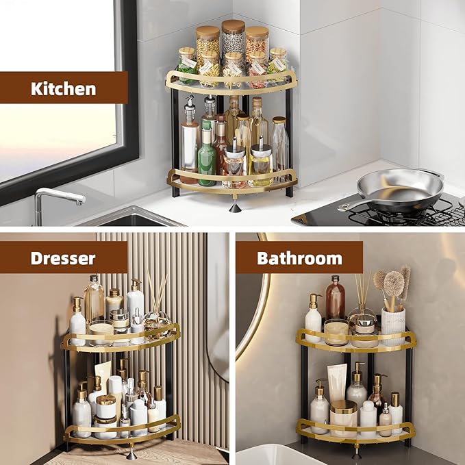 2 Tier Bathroom Organizer Countertop XL Corner Shelf, Black Gold Bathroom Counter Organizers, Large Capacity Vanity Shelves, Corner Skincare Makeup Storage, 9''W x 9''L x 13.78''H