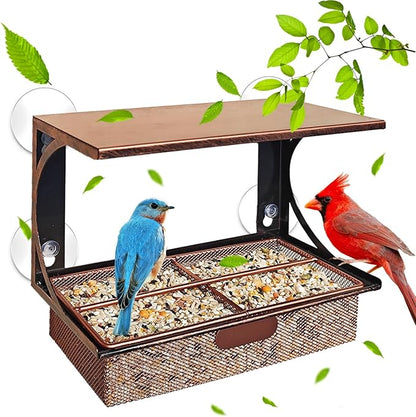 Window Bird Feeder with Strong Suction Cups, Metal Bird Feeders for Outdoors Birdwatching Gifts for Cats & Nature Lovers
