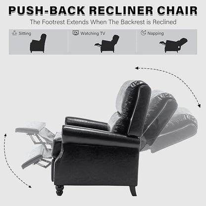 UIXE Pushback Recliner Chairs Set of 2, PU Leather Armchair Push Back Accent Chair, Rivet Trim Club Chair Home Theater Overstuffed Single Sofa Reading Seat for Living Room, Black