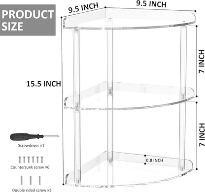 3 Tier Acrylic Corner Shelf Organizer Storage 9.5x9.5x15.7 Inch, Transparent Countertop Corner Shelf for Bathroom, Kitchen, Bedroom, Office, Study Room