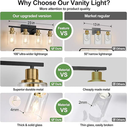 4-Light Bathroom Light Fixtures, Black and Gold Modern Vanity Lights with Clear Glass Shades, Bathroom Wall Lamp for Mirror Living Room Cabinet Bedroom Porch