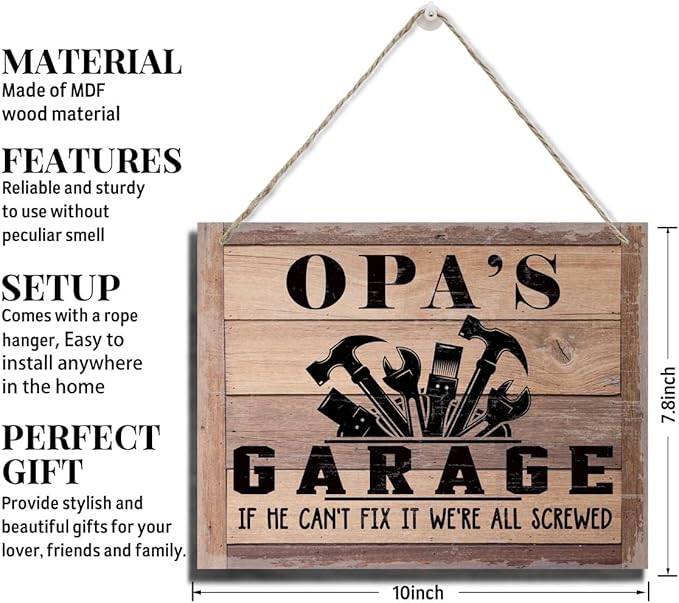 Rustic Sign, Father's Day Gift, Dad's Gift, Grandpa's Gift, Decor Hanging Wood Signs, Printed Wood Wall Art Sign, Opa's Garage, If He Can't Fix It We're All Screwed, Vintage Sign Gift for Grandpa
