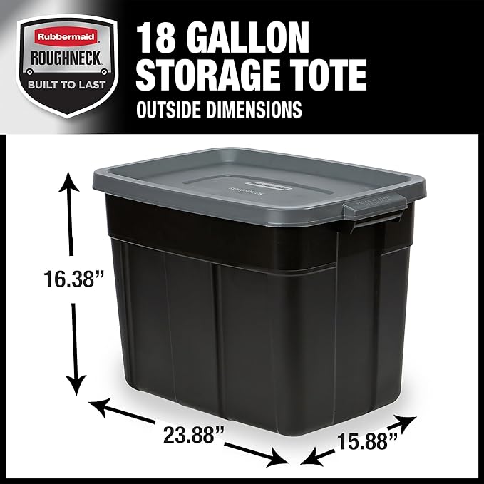 Rubbermaid Roughneck Tote 18 Gal, 6 Pack, Made in USA, Black & Gray, Rugged Plastic Stackable Storage Bins with Lids and Handles
