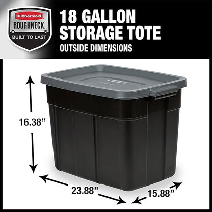 Rubbermaid Roughneck Tote 18 Gal, 6 Pack, Made in USA, Black & Gray, Rugged Plastic Stackable Storage Bins with Lids and Handles