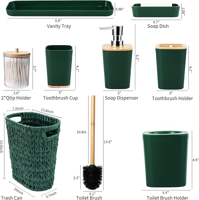 Dark Green Bathroom Accessories Set with Wicker Trash Can, Dark Green Bathroom Accessories Set Bathroom Sets Small Waste Basket Bathroom Trash Can for Bedroom Bathroom