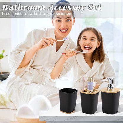 Black Bathroom Accessories, Bathroom Accessories Set with Trash Can, Soap Dispenser, Toothbrush Holder, Toothbrush Cup, Soap Dish, Toilet Brush, Tray and Q-tip Holders for Housewarming