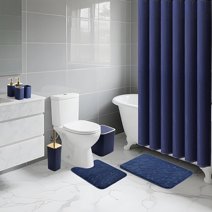 Bathroom Set with Shower Curtain and Rugs- 25PC Blue Bathroom Accessory Set, Navy Blue Shower Curtain Set, Toilet Brush, Trash Can, Qtip Holder Dispenser & Soap Dispenser