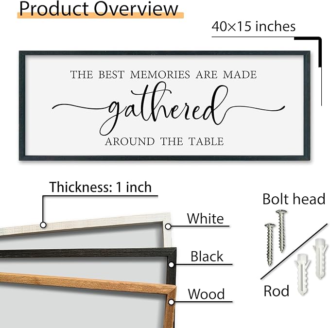 SRSZHIYUE The Best Memories Are Made Gathered Around The Table Sign Wall Decor Art 40"×15" for Kitchen Dining Room Large Wood Framed Wall Hanging (Black)