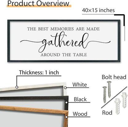 SRSZHIYUE The Best Memories Are Made Gathered Around The Table Sign Wall Decor Art 40"×15" for Kitchen Dining Room Large Wood Framed Wall Hanging (Black)