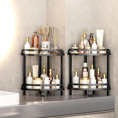 Black Bathroom Counter Organizer XL Corner Shelf, 2-Tier Bathroom Organizers Countertop, Large Capacity Corner Kitchen Storage, Skincare Makeup Vanity Tray, 9''L x 9''W x 13.8''H