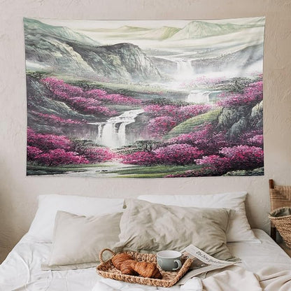 Japanese Tapestry, Red Plum Blossom Mountain Tapestry, Asian Japanese Wall Tapestry, Nature Landscape Tapestries for Bedroom Living Room Decor 60"x40"