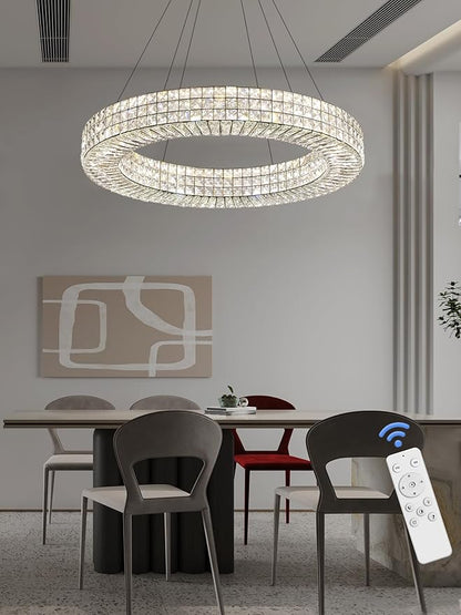 Dia 32" Ring Crystal Chandelier Modern Black Ring Chandelier Adjustable Height Luxury Crystal Pendant Ceiling Light Fixture for Dining Living Room Bedroom