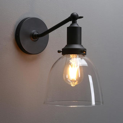 PERMO Industrial Vintage Sconces Slope Pole Single Sconce with 6.7" Oval Dome Clear Glass Shade Matte Black Wall Sconce Wall Mount Light Fixture for Bathroom Bedroom Entryway Home Office Kitchen