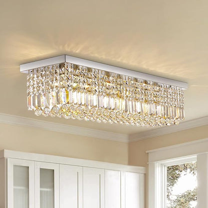 Siljoy Modern Crystal Chandelier 8-Lights Rectangular Flush Mount Pendant Ceiling Light Fixture Rectangle K9 Crystal Raindrop Chandelier for Dining Living Room Kitchen Island L40'' x W10'' x H10'