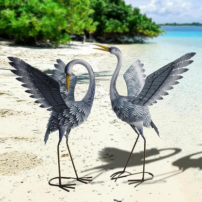 24-27 Inch Standing Crane Garden Sculptures & Statues, Crane Metal Yard Art for Backyard, Lawn, Patio, Porch, Birthday, Wedding Decorations, Gray