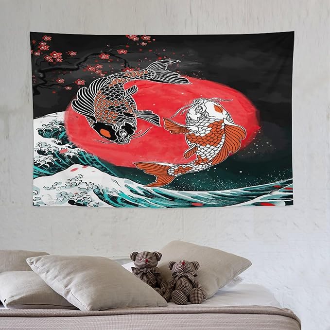 Houselerax Koi Fish Tapestries,Japanese Style Yin Yang Big Wave Cherry Blossoms Tapestry Wall Hanging for Bedroom Living Room Office Decor 60"x40"