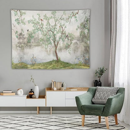 HZOHNAGO Japanese Tapestry Tree Misty Garden Lake Printed Wall Tapestry Ink Painting Wall Hanging for Bedroom Living Room Dorm 80" W x 60" H
