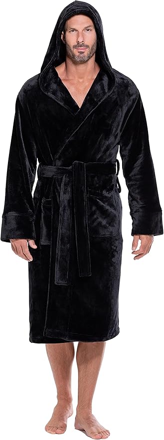 Turquaz Plush Robes For Men, Soft Fuzzy Hooded Mens Bathrobes, Long Comfy Robe For Men