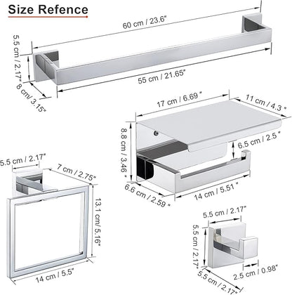 4-Piece Bathroom Hardware Set Chrome Bath Towel Bar Holder Sets Wall Mounted Stainless Steel Square Bathroom Accessory Kit, Polished Chrome 23.6 Inch