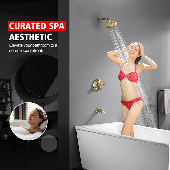 sumerain Modern Shower Faucet Set with 6-Spray Shower Head, Tub Spout and Shower Trim Kit with Valve, Brushed Gold Finish
