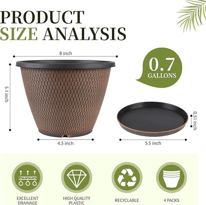 4 Pack 8 inch Plant Pot, Plastic Pots for Plants Indoor, Round Planters for Outdoor Plants with Drainage Holes & Trays, Decorative Flower Pots Garden Containers Sets for Houseplants (Black Copper)