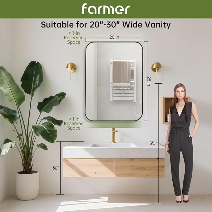 FARMER 20x28 Inch Black Bathroom Mirror, Rectangle Vanity Mirror, Brushed Mirrors for Wall, Metal Frame Hanging Mirror with Round Corner for Bedrooms, Entryways, Living Rooms, Horizontal/Vertical