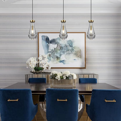 Raindrop Pendant Light Fixtures Set of 3, Brass Glass Pendant Lighting, Teardrops Modern Hanging Light for Entryway Foyer Kitchen Island Dining Living Room Hallway