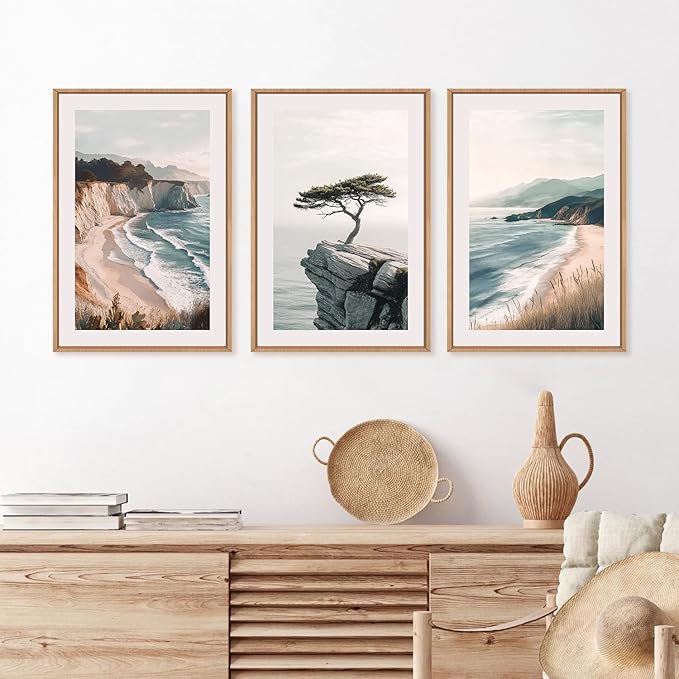 Amalfi Coastal Beach Framed Canvas Wall Art Set, Summer Ocean Wall Decor, Southwestern Beach Wall Painting, Ocean Seascape Art Prints for Living Room, Bedroom, Dining Room - 16"x24"x3