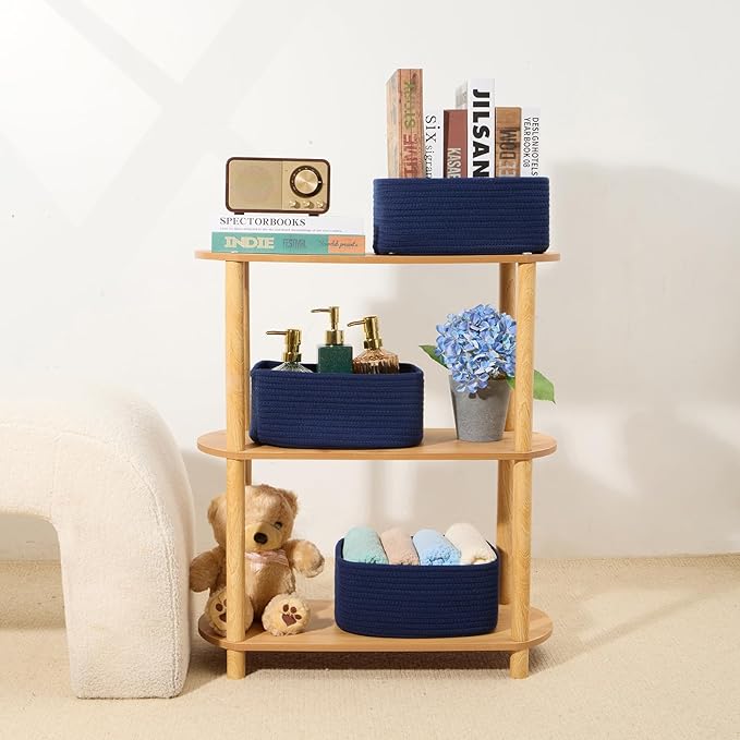 Small Storage Baskets for Organizing | Closet Organizer Bins | Shelf Toy Basket | Woven Rope Baskets | Cube Decorative Box | Shallow Basket | 11.5x7.5x4.7” | 4 Packs Navy Blue