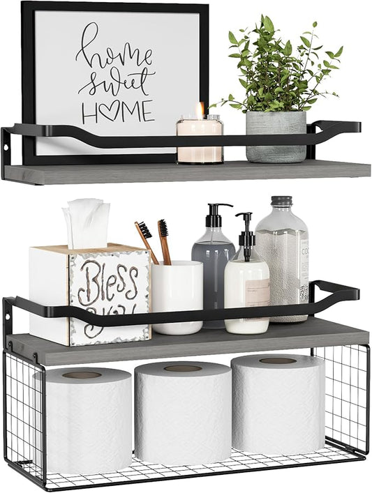 WOPITUES Floating Shelves with Wire Storage Basket, Bathroom Shelves Over Toilet with Protective Metal Guardrail, Wood Wall Shelves for Bathroom Organizers and Storage, Toilet Paper- Gray